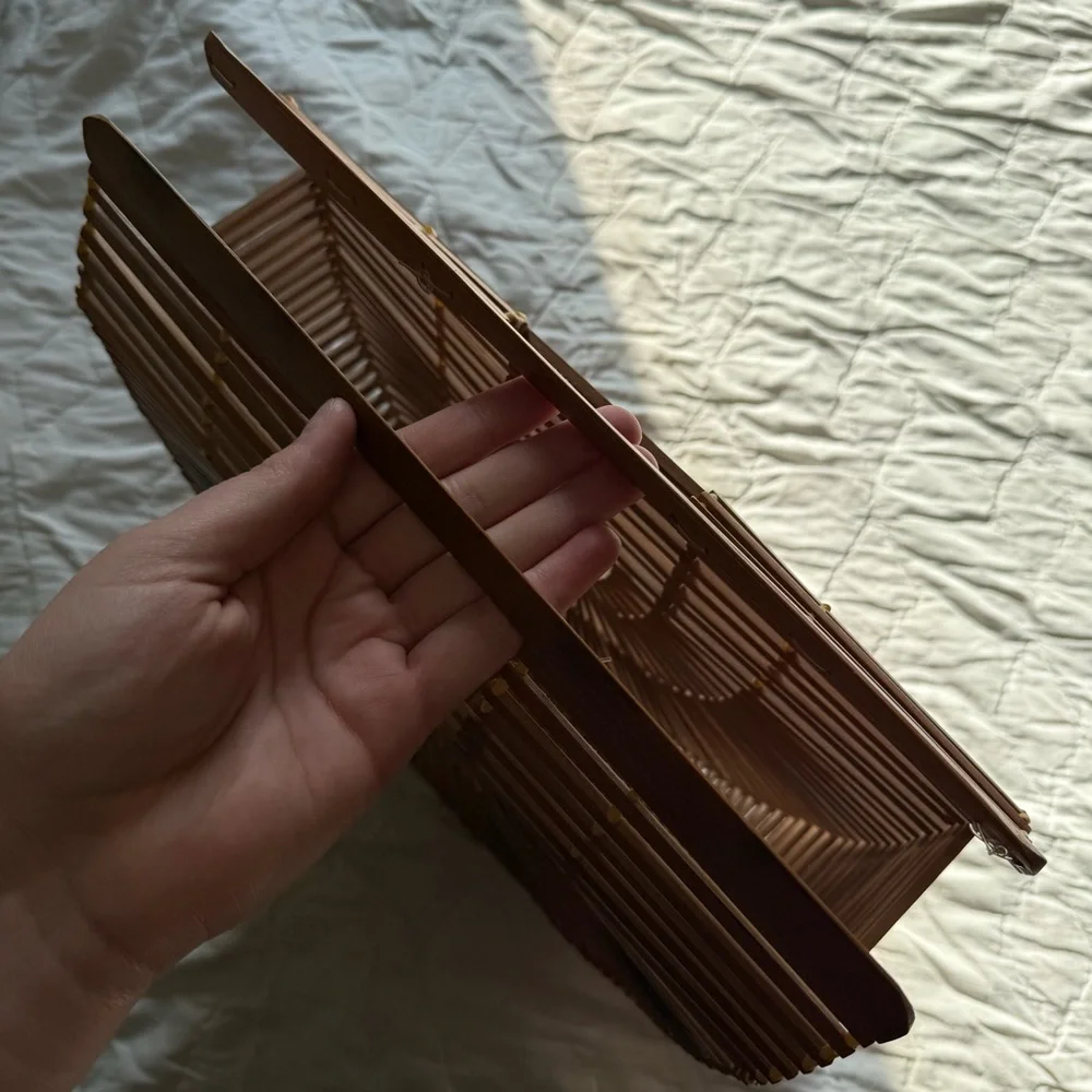 Vintage Boho Half Moon Bamboo Wood Woven Hippie Core Clutch Handbag - Picture 4 of 7